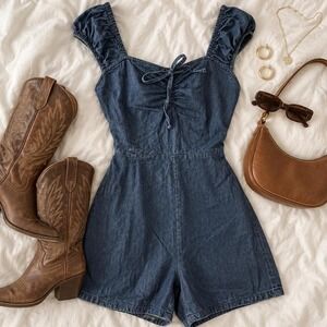 Blue Jean romper   with tie-up front and ruffle